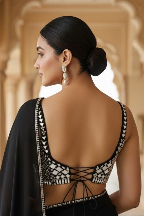 U Neck Mirror Work Blouse Design 