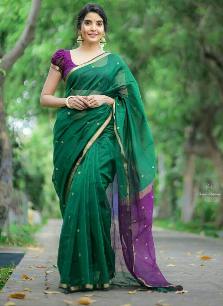 Green Silk Saree Purple Blouse Designs