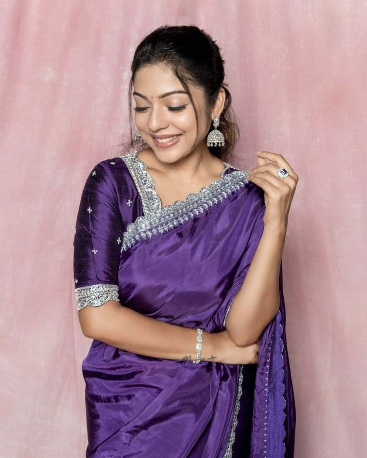 Purple Blouse Designs for Banarasi Silk Saree