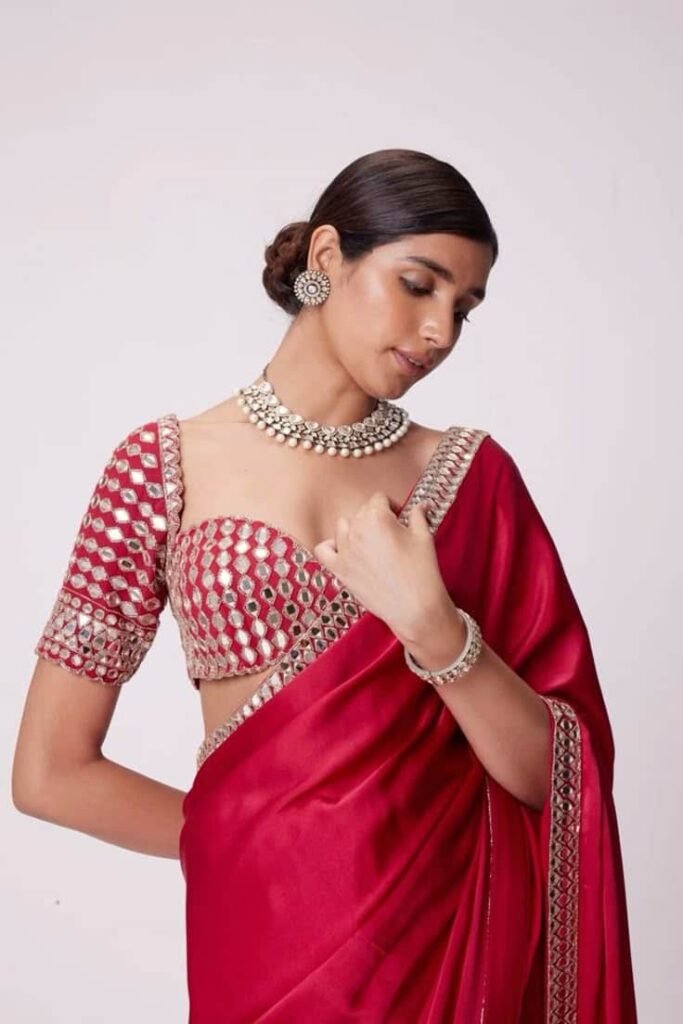 Front Blouse Designs with Mirror Work